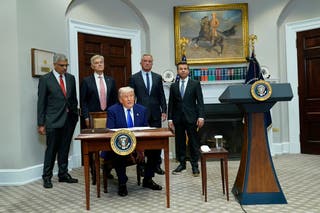 President Donald J. Trump (C) speaks during a press conference in the Roosevelt Room of the White House in Washington, DC, USA, 12 May 2025